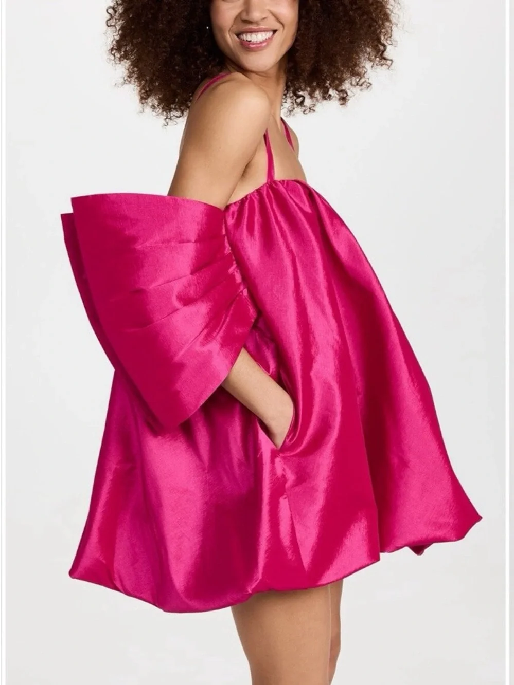 Kika Vargas - NOT TARGET Karen Dress Hot Pink Satin Mini Statement Bow Sleeves - Picture 2 of 10